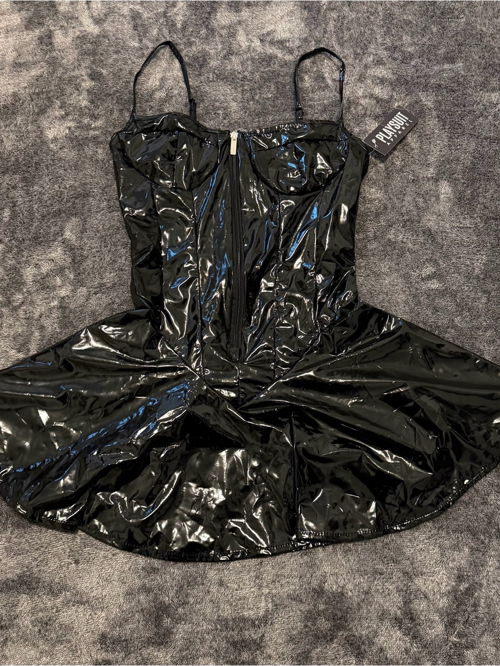 Black Patent Corset Mini Dress with Flared Skirt